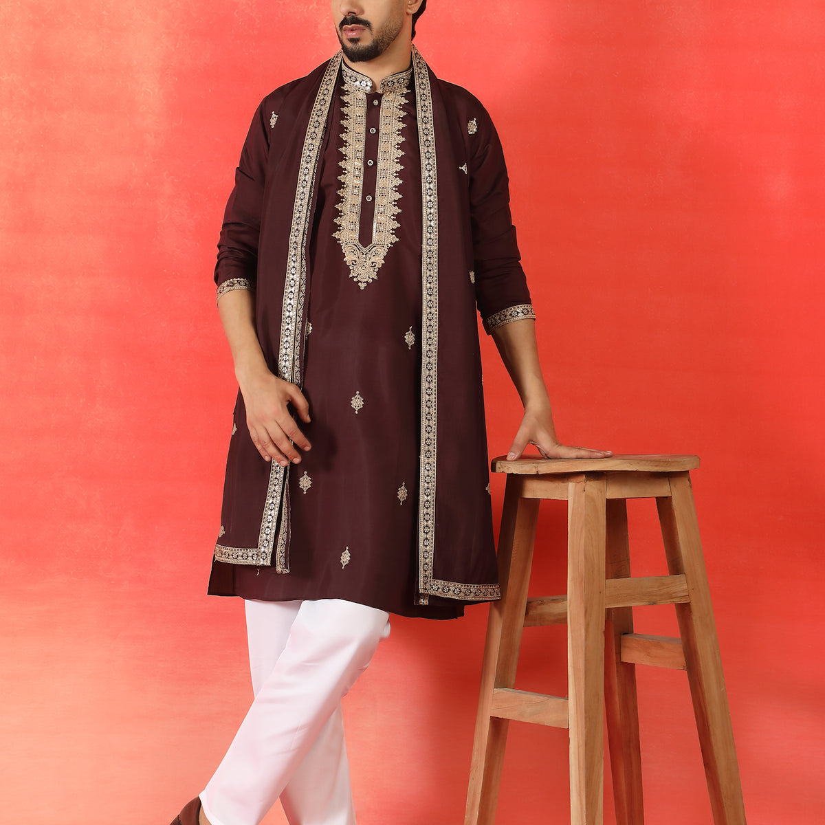 Men's Sequinned Embroidered Cotton Silk Straight Kurta Pyjama with Dupatta Set