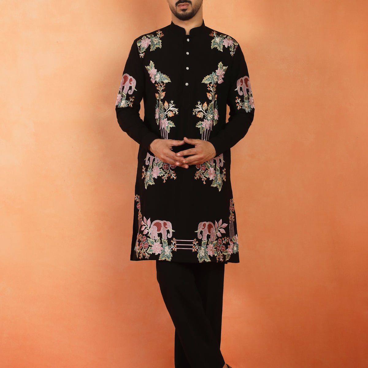Men's Japanese Fabric Floral Embroidered Design Mandarin Collar Kurta with Trouser Set