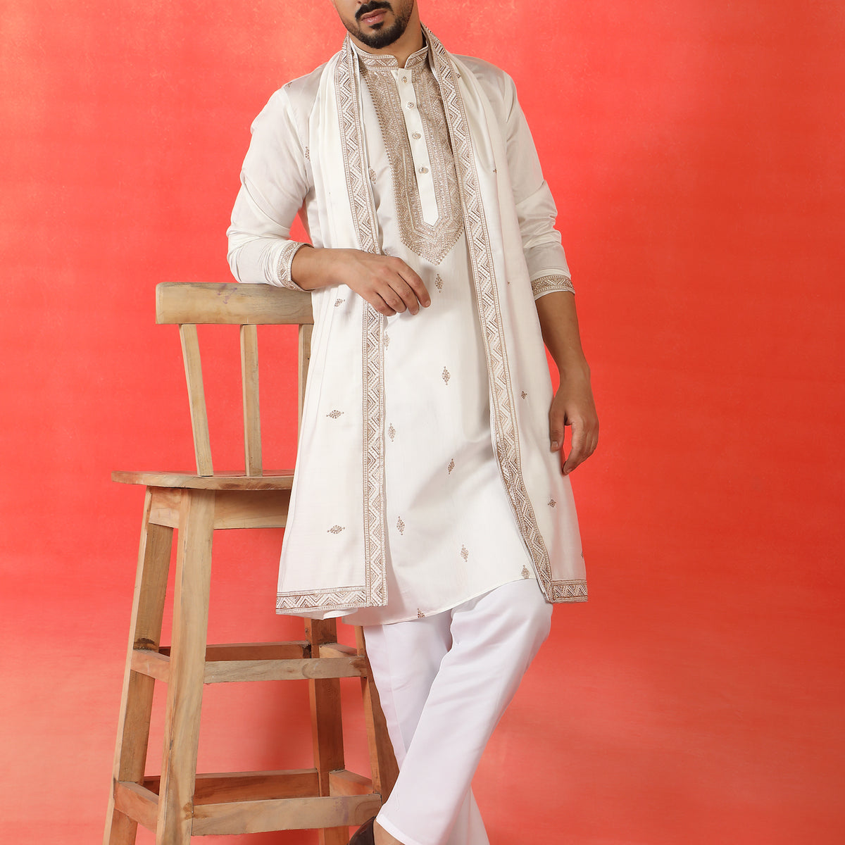 Men's Sequinned Embroidered Cotton Silk Straight Kurta Pyjama with Dupatta Set
