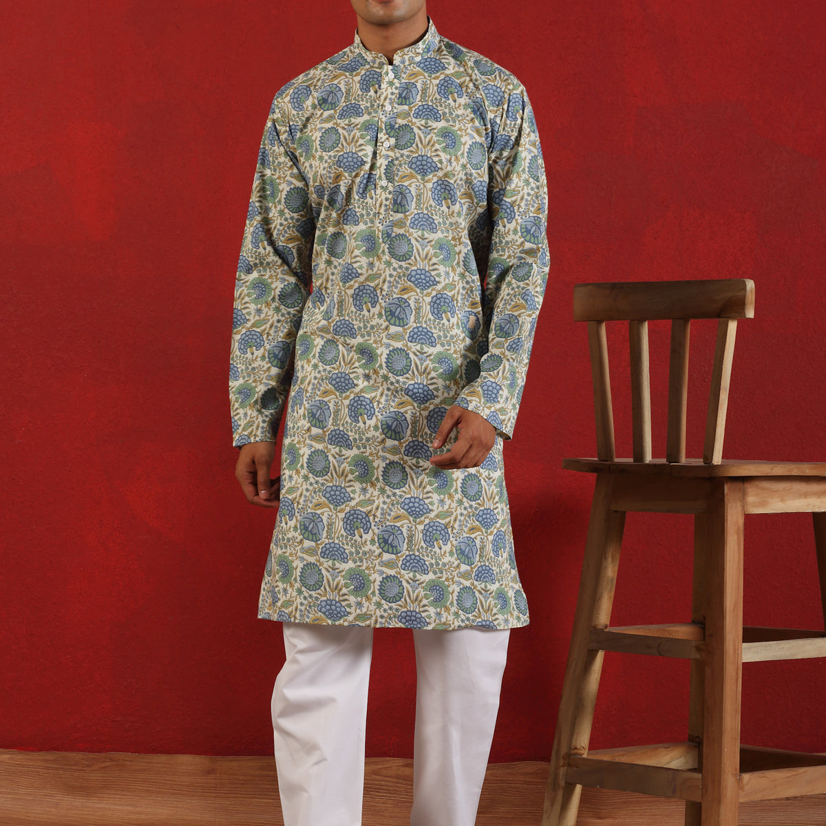 Men's Peacock Motif Jaipuri Printed Pure Cotton Kurta with White Pajama Set