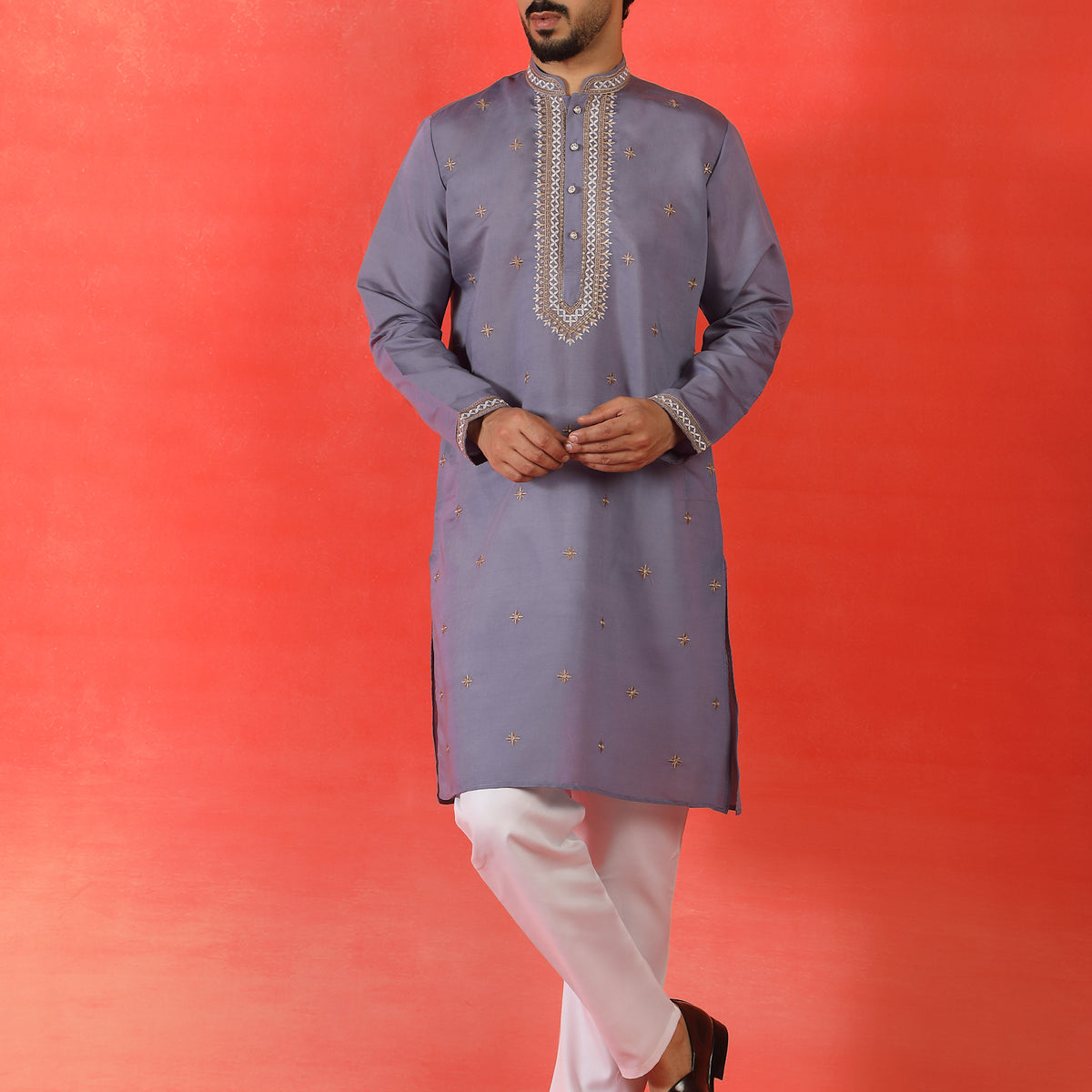 Men's Sequinned Embroidered Cotton Silk Straight Kurta Pyjama with Dupatta Set