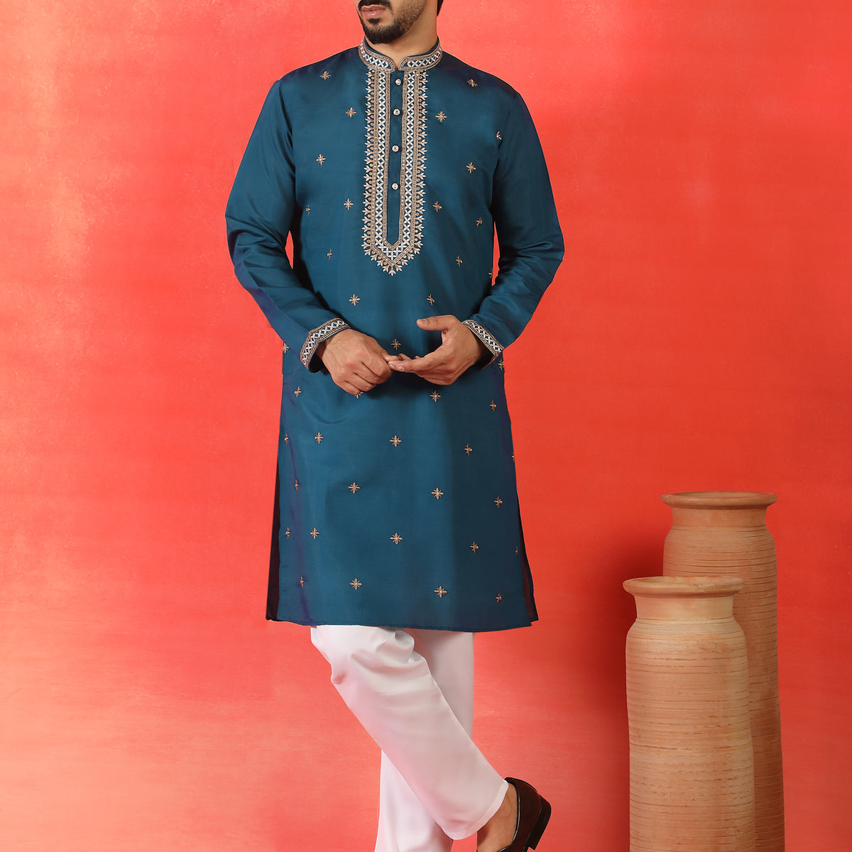Men's Sequinned Embroidered Cotton Silk Straight Kurta Pyjama with Dupatta Set