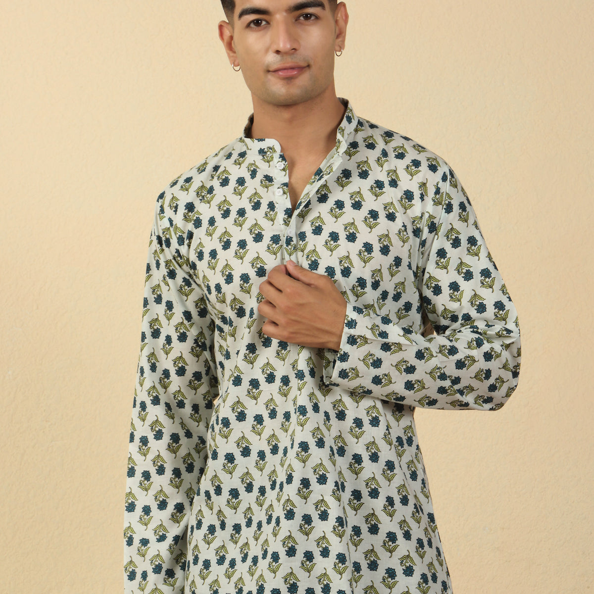 Men Jaipuri Printed Mandarin Collar Pure Cotton Short Kurta