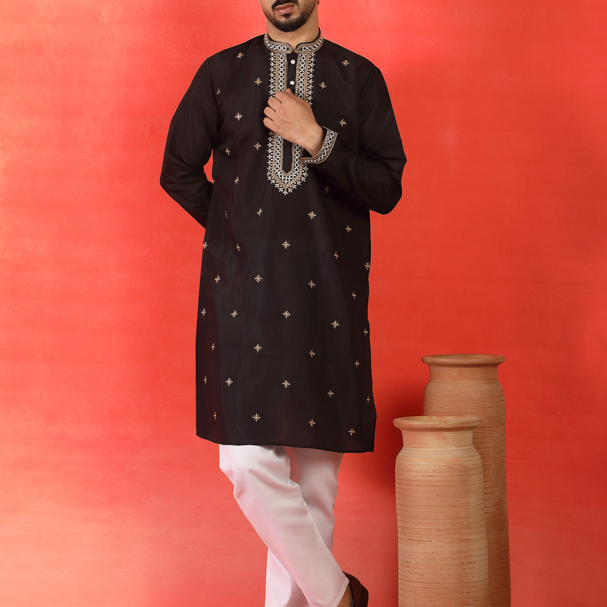 Men's Sequinned Embroidered Cotton Silk Straight Kurta Pyjama with Dupatta Set