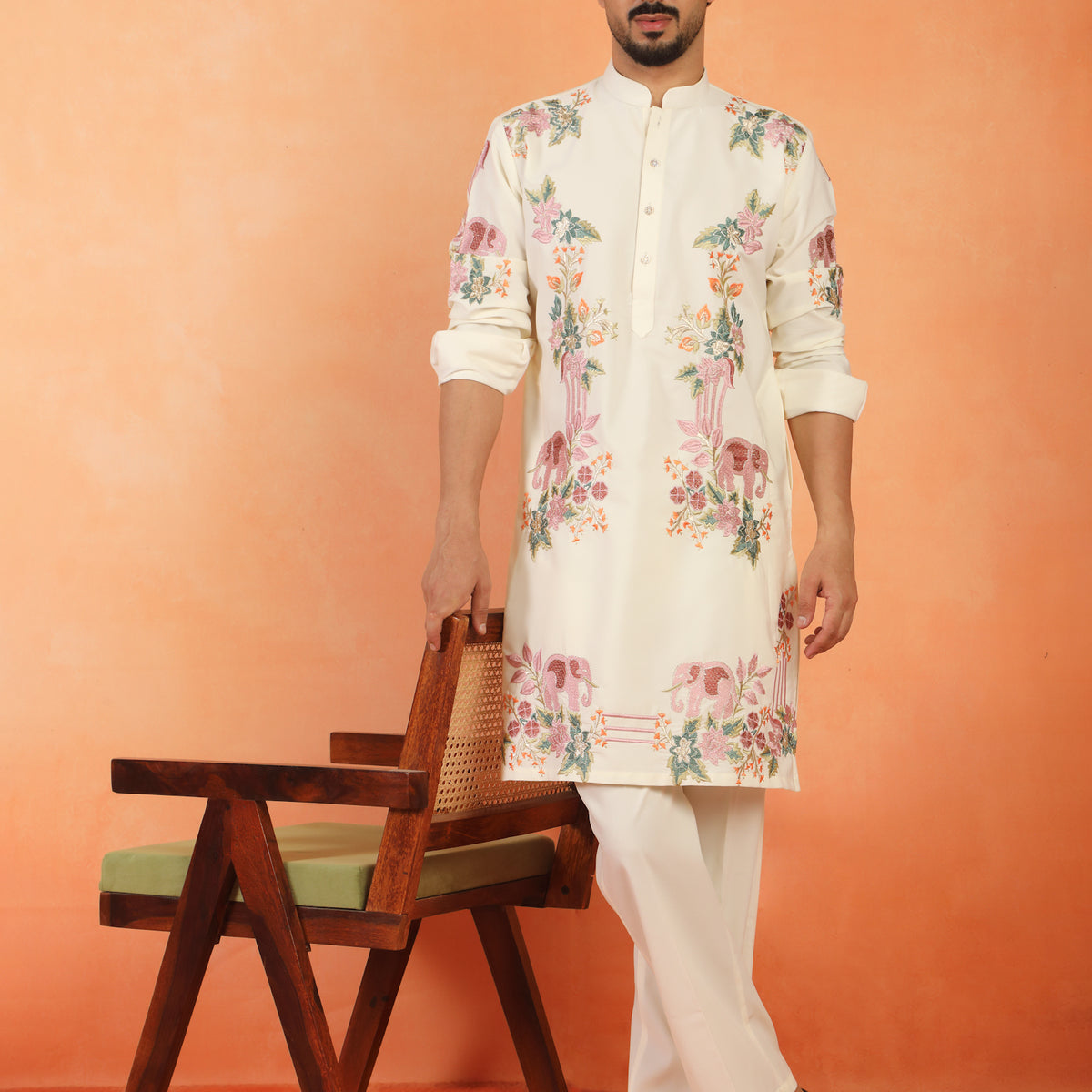 Men's Japanese Fabric Floral Embroidered Design Mandarin Collar Kurta with Trouser Set