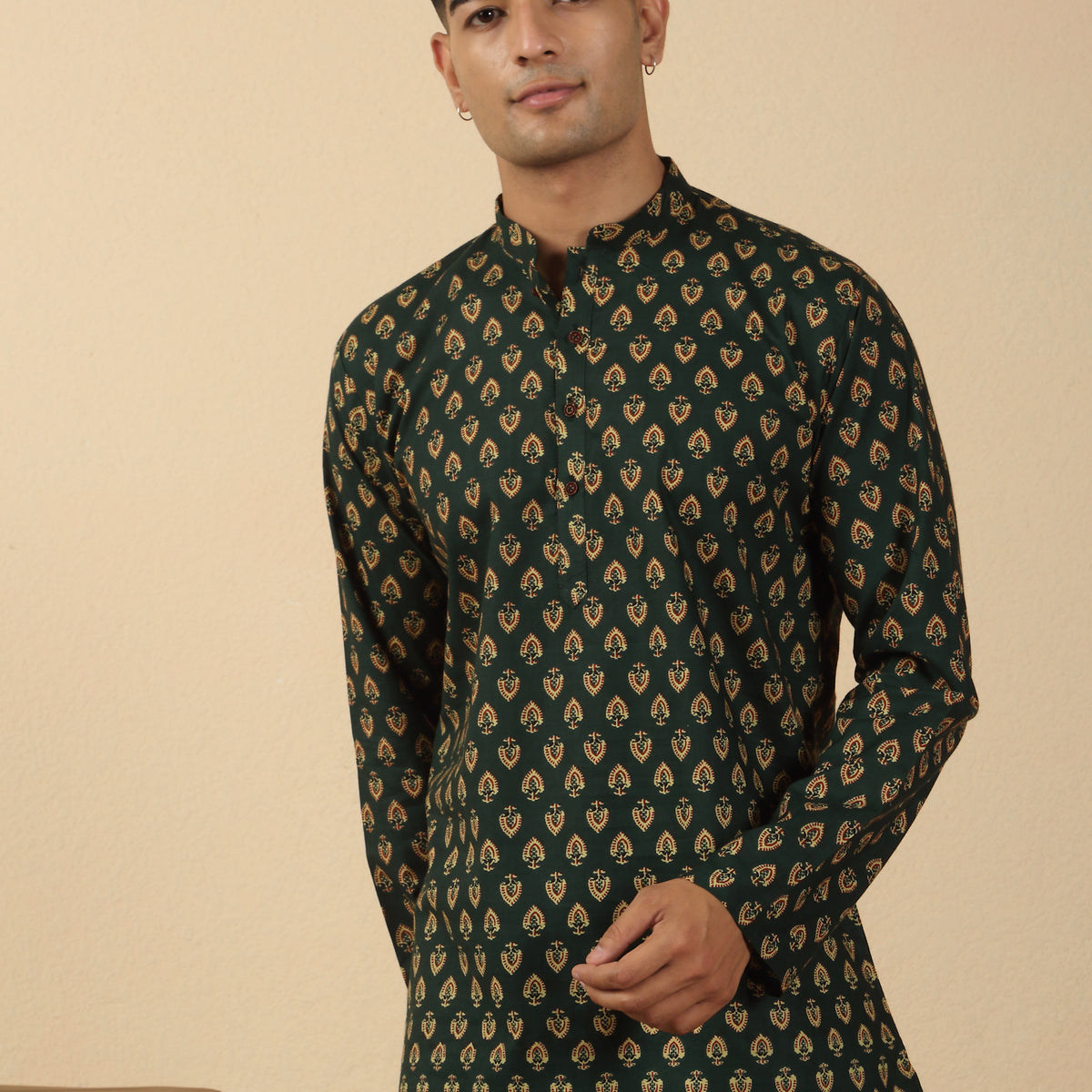 Men Jaipuri Printed Mandarin Collar Pure Cotton Short Kurta