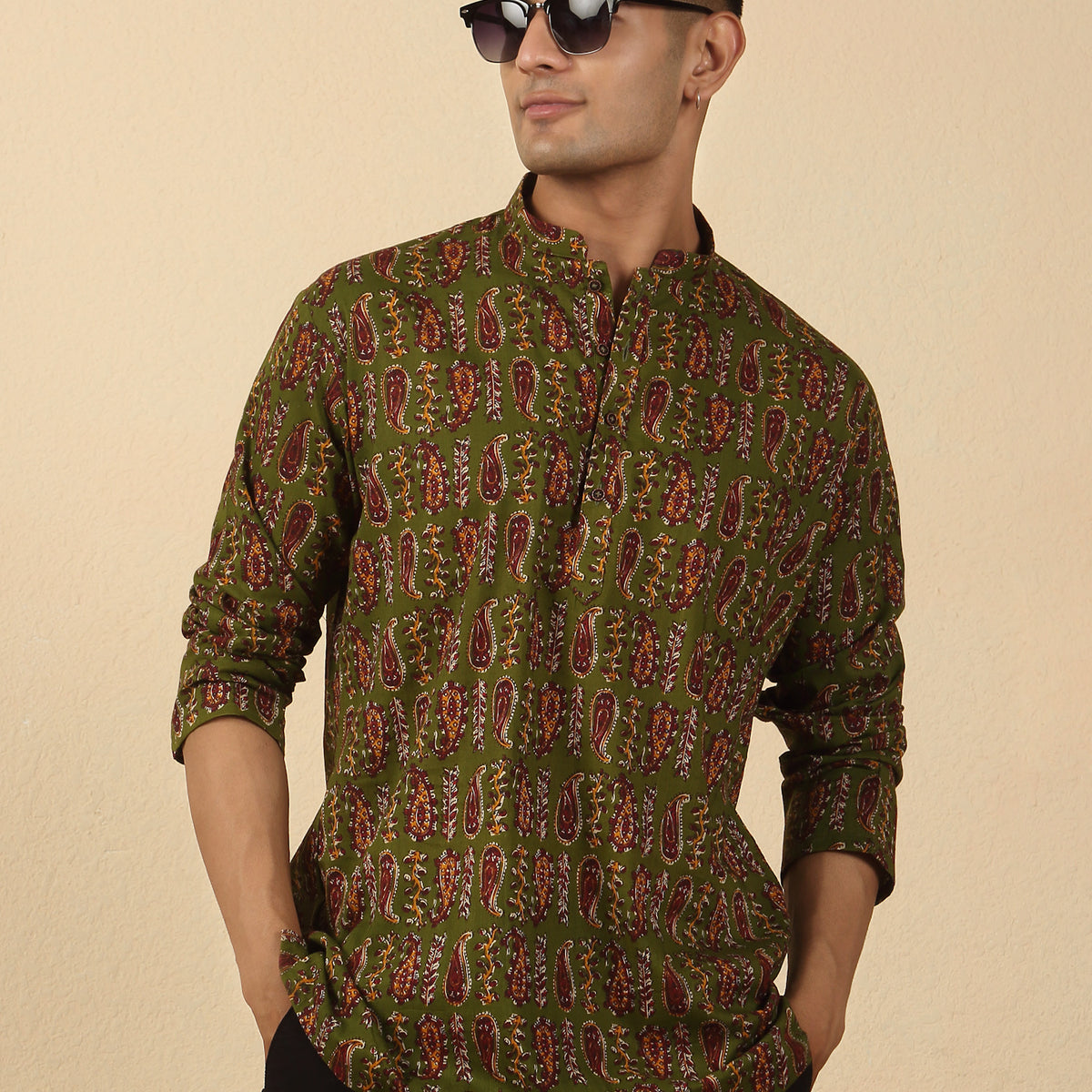 Men's Jaipuri Printed Mandarin Collar Pure Cotton Short Kurta