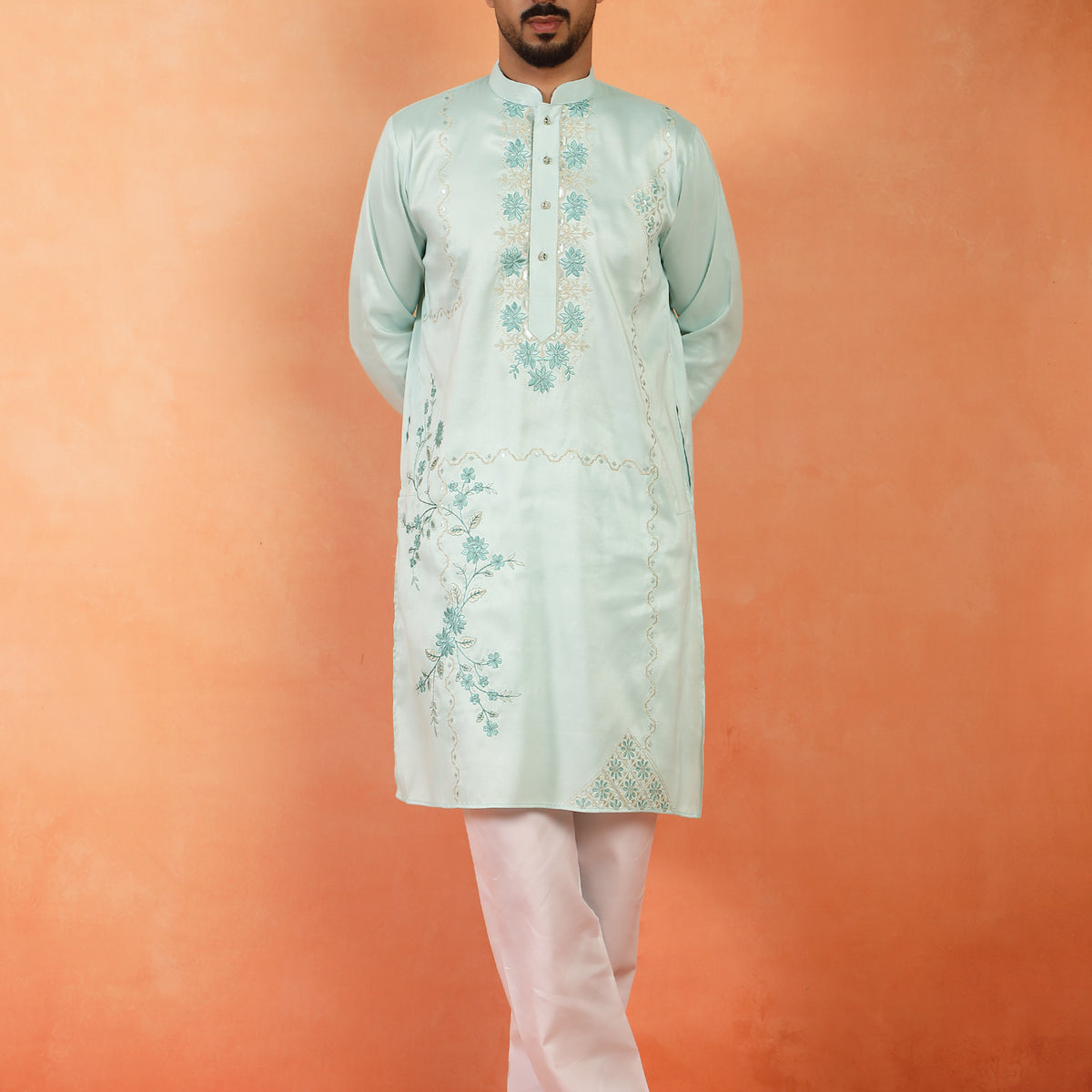 Men's Cotton Silk Floral Embroidered Kurta with Pyjama Set with Mandarin Collar