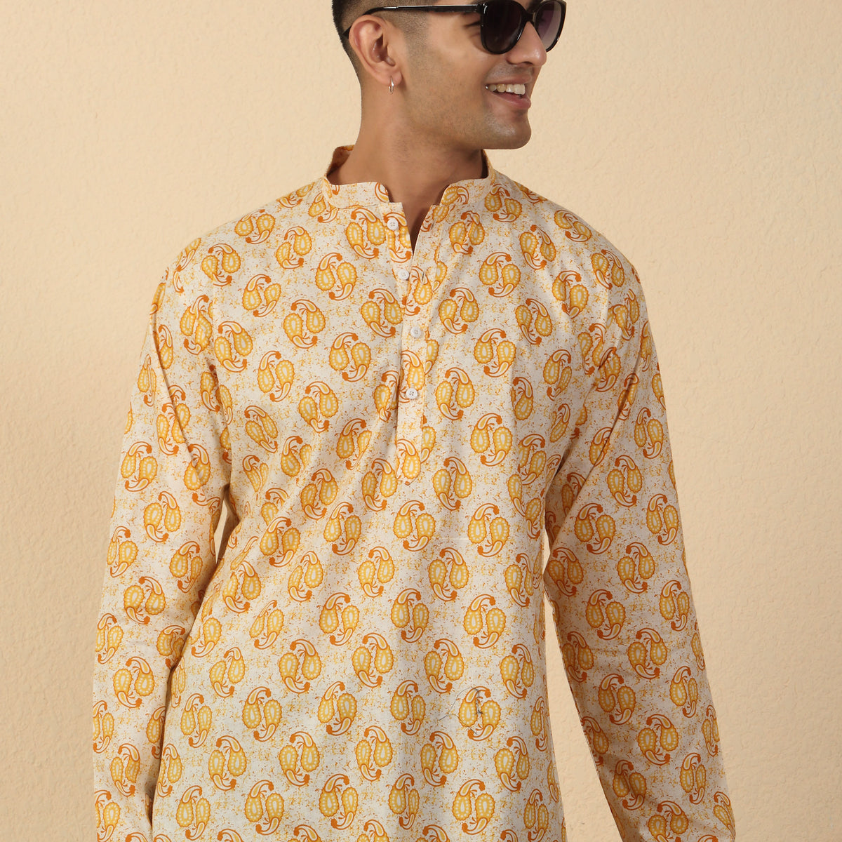 Men Jaipuri Printed Mandarin Collar Pure Cotton Short Kurta