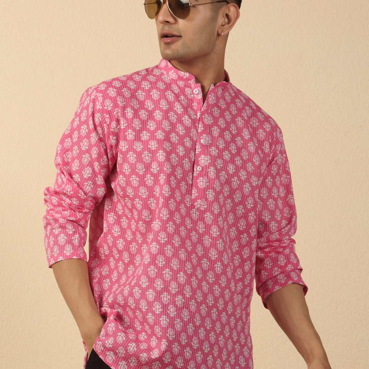 Men Jaipuri Printed Mandarin Collar Pure Cotton Short Kurta