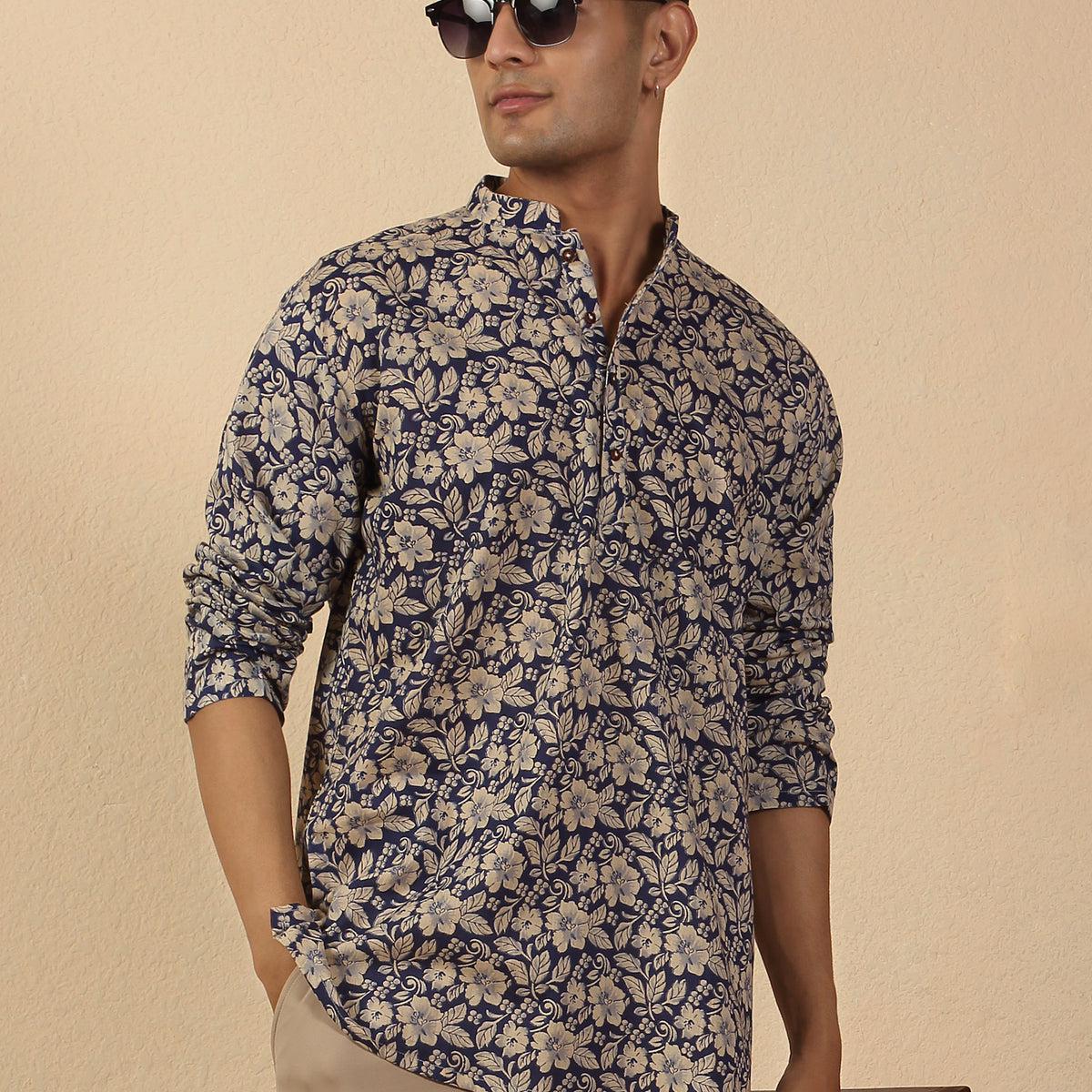 Men's Jaipuri Printed Mandarin Collar Pure Cotton Short Kurta