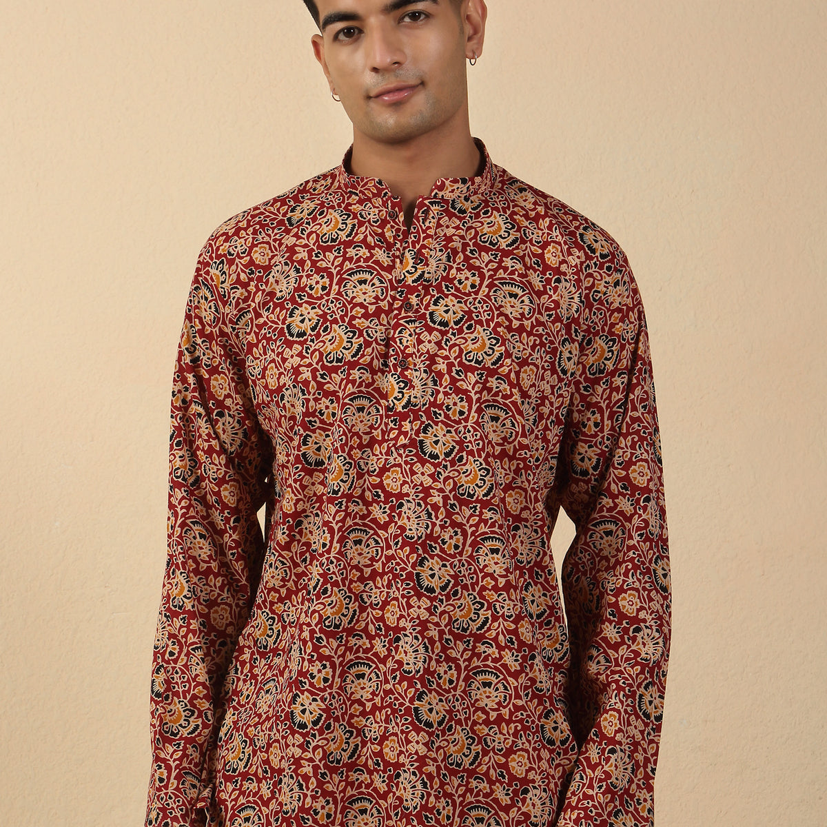 Men's Jaipuri Printed Mandarin Collar Pure Cotton Short Kurta