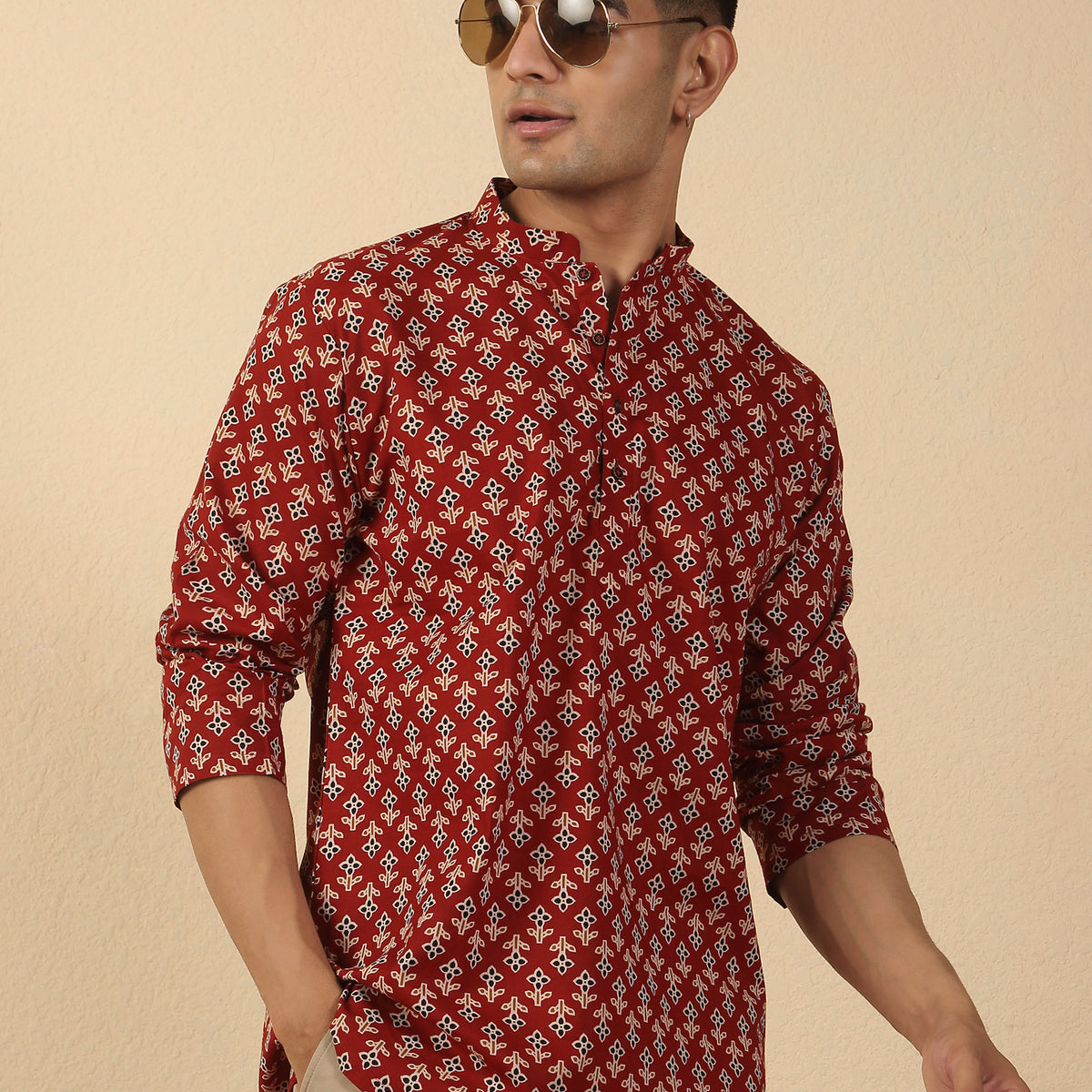 Men Jaipuri Printed Mandarin Collar Pure Cotton Short Kurta