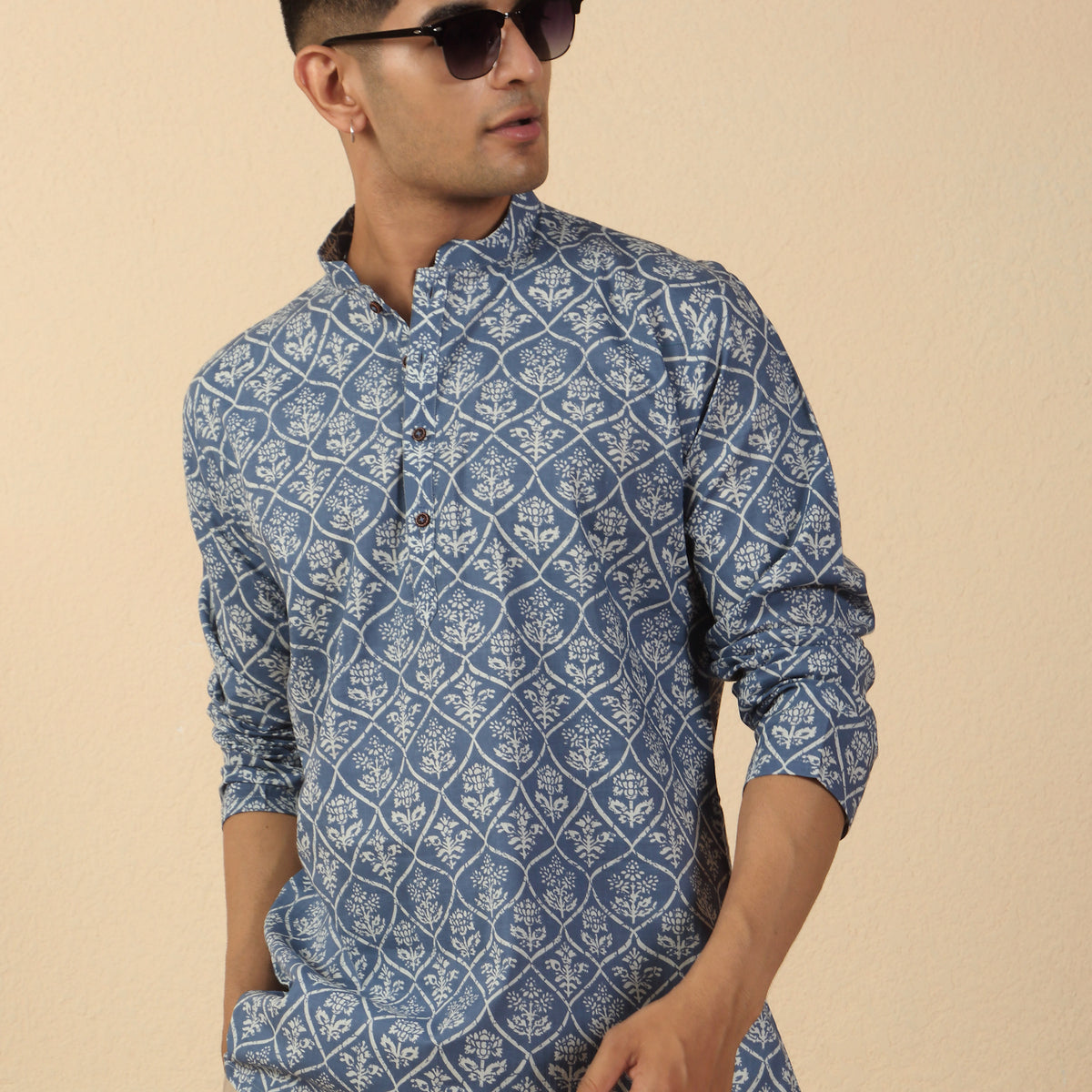 Men Jaipuri Printed Mandarin Collar Pure Cotton Short Kurta