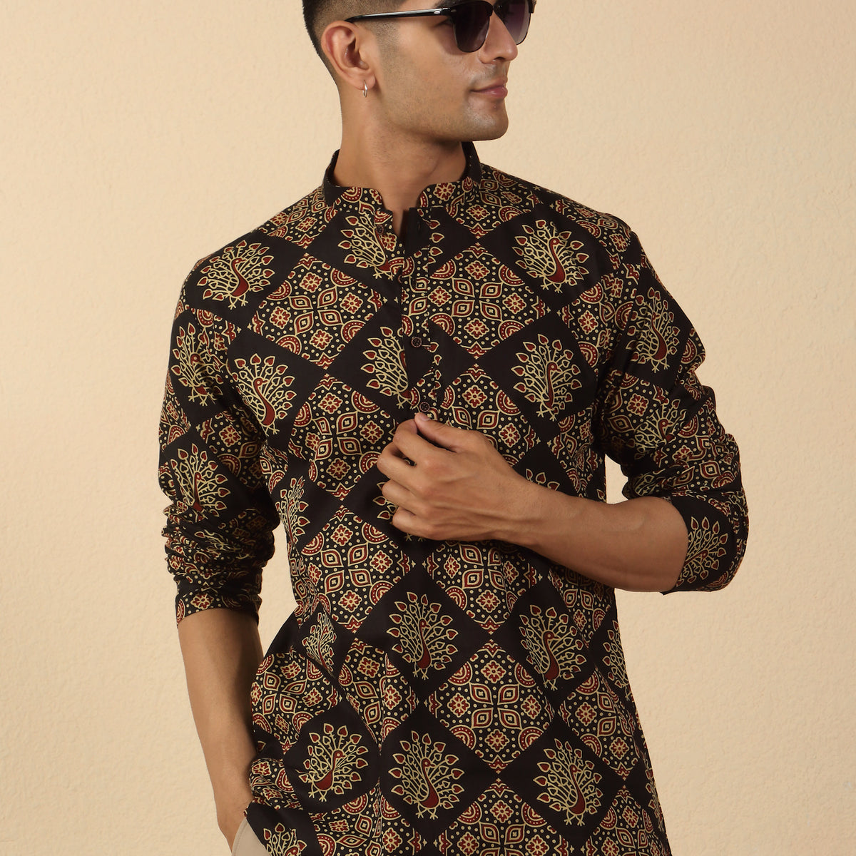 Men Jaipuri Printed Pure Cotton Short Kurta