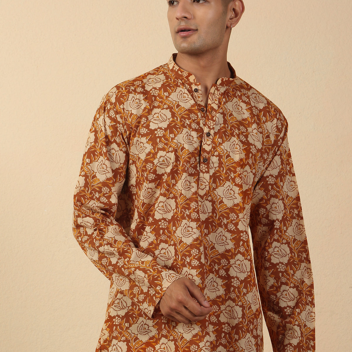 Men's Jaipuri Printed Mandarin Collar Pure Cotton Short Kurta