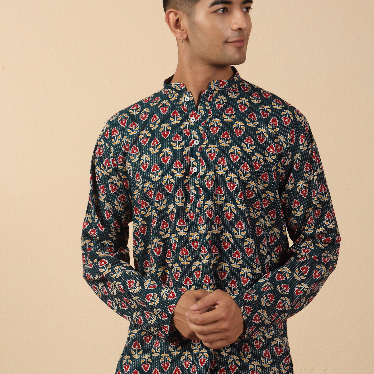 Men Jaipuri Printed Mandarin Collar Pure Cotton Short Kurta