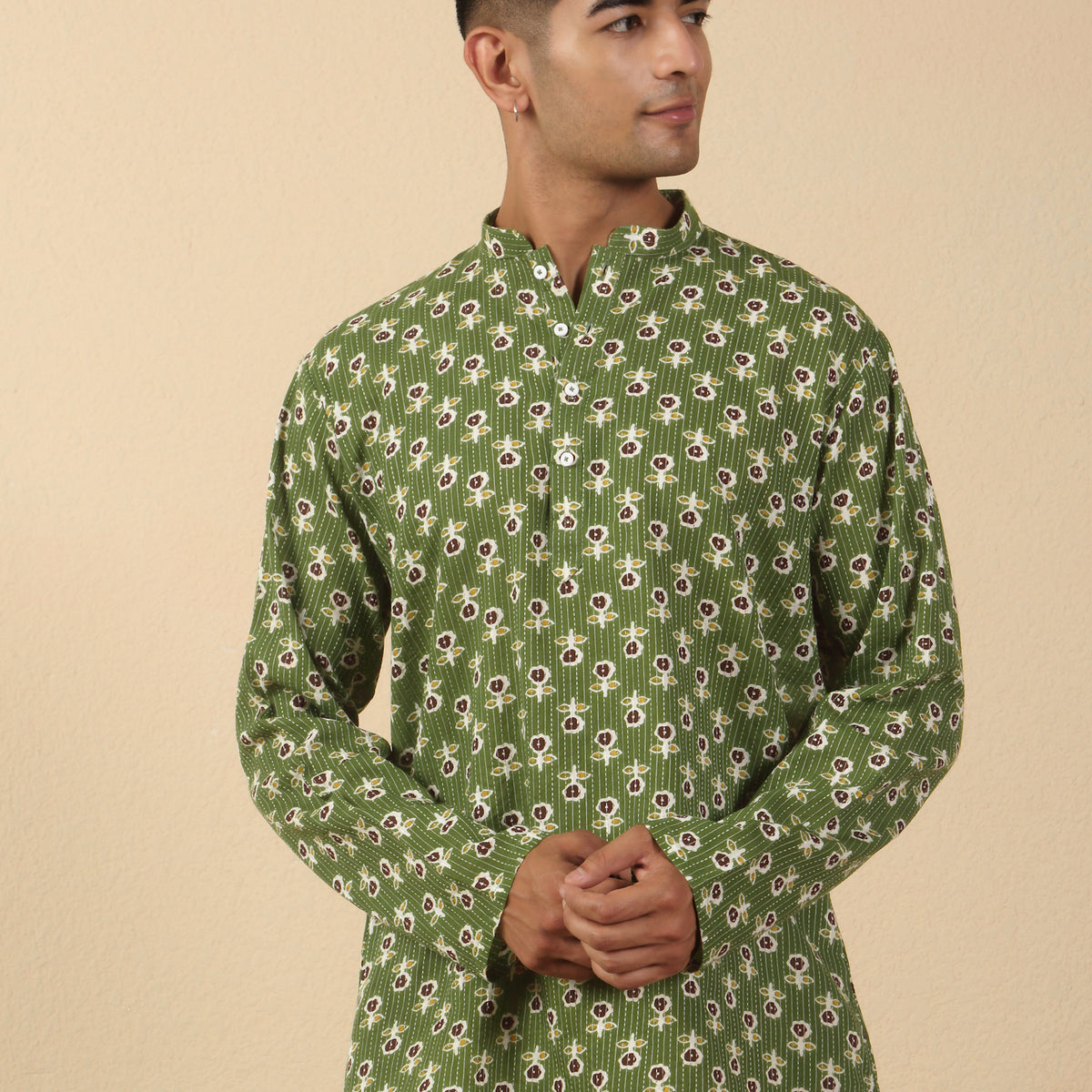 Men Jaipuri Printed Mandarin Collar Pure Cotton Short Kurta