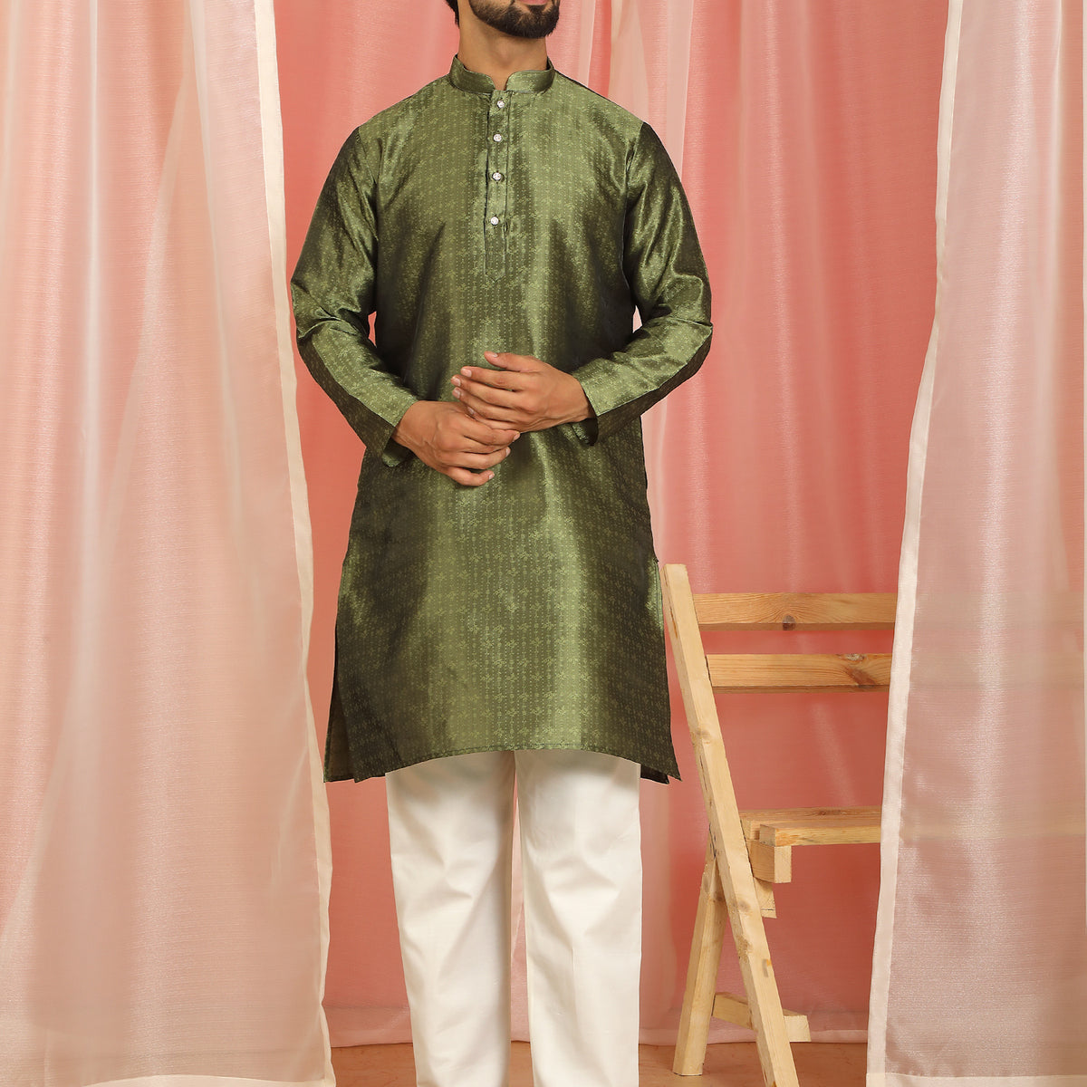 Men's Premium Jacquard Textured Straight Long Kurta with Trouser Set - Mehndi