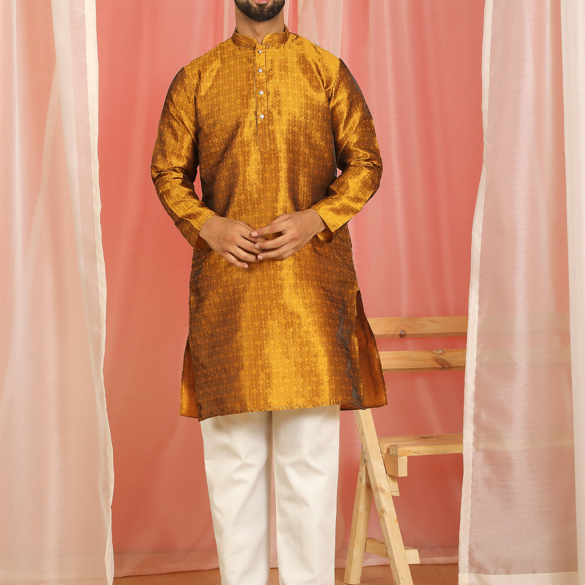 Men's Premium Jacquard Textured Straight Long Kurta with Trouser Set - Mustard