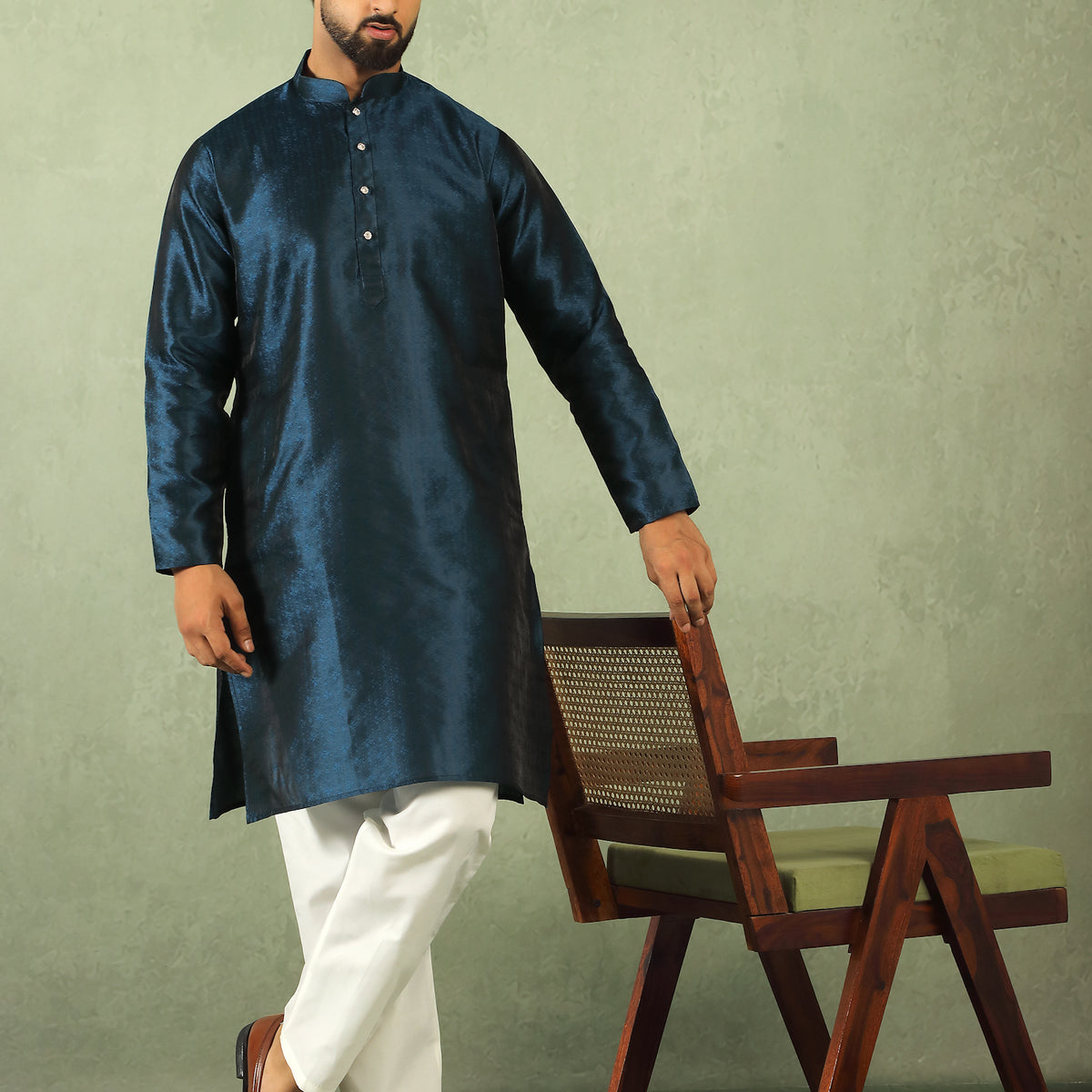 Men's Premium Jacquard Textured Straight Long Kurta with Trouser Set - Navy Blue