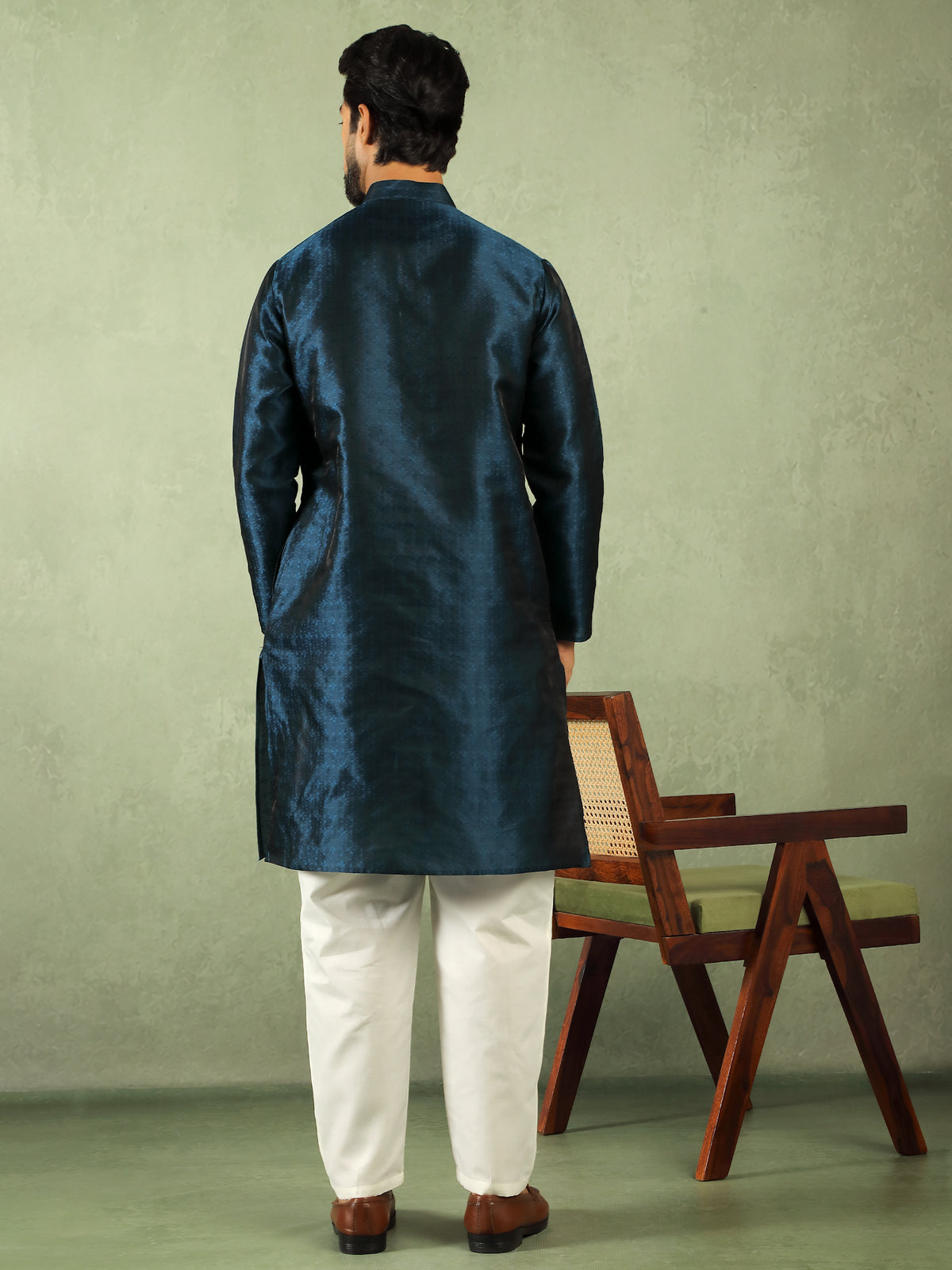 Men's Premium Jacquard Textured Straight Long Kurta with Trouser Set - Navy Blue