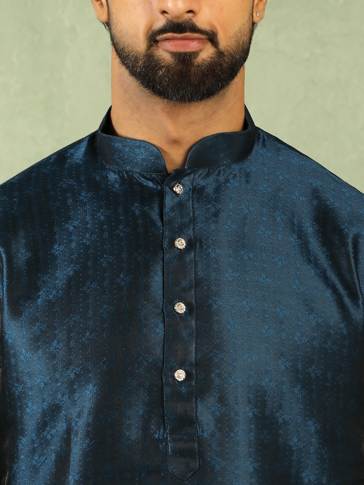 Men's Premium Jacquard Textured Straight Long Kurta with Trouser Set - Navy Blue