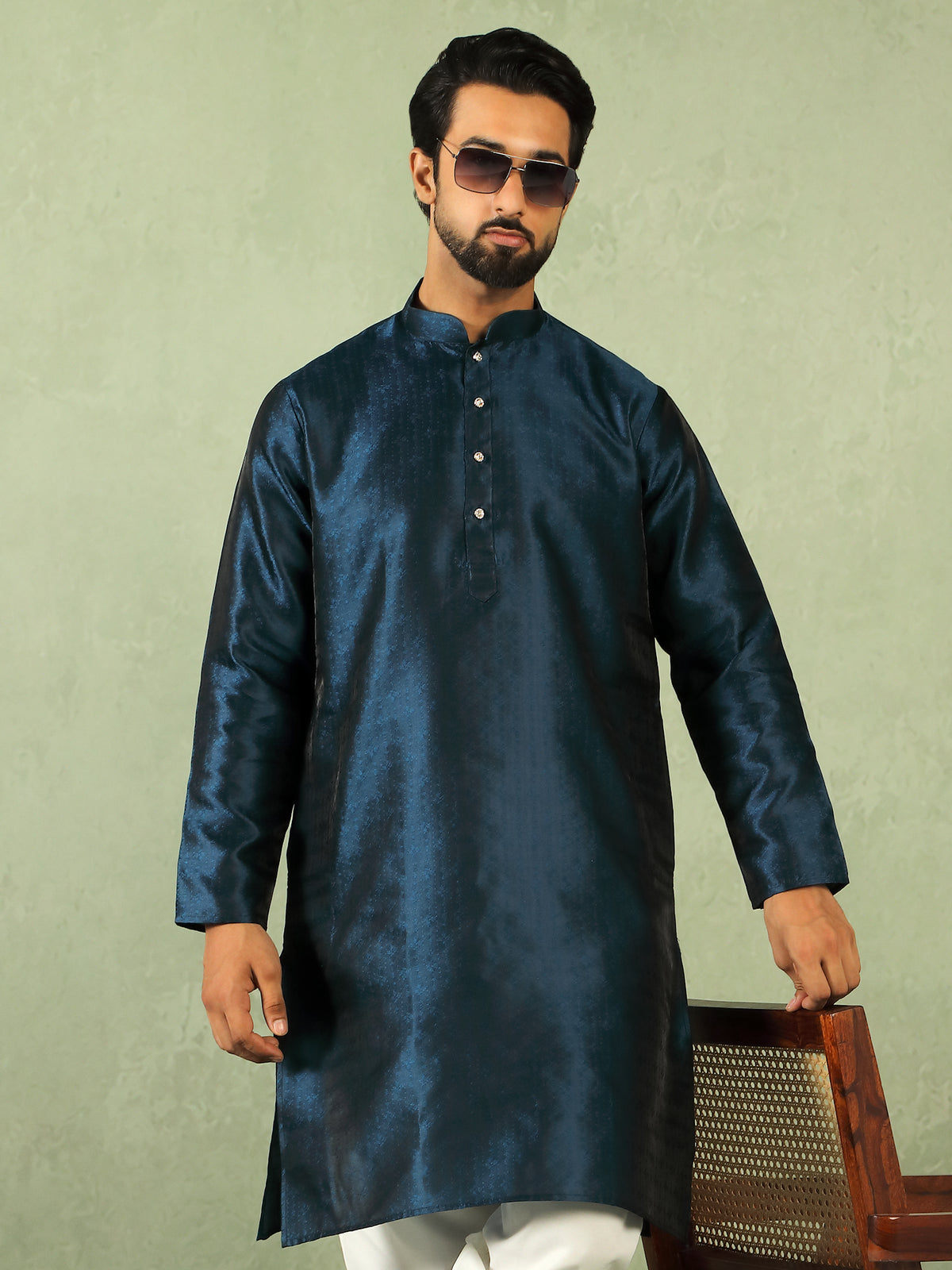 Men's Premium Jacquard Textured Straight Long Kurta with Trouser Set - Navy Blue