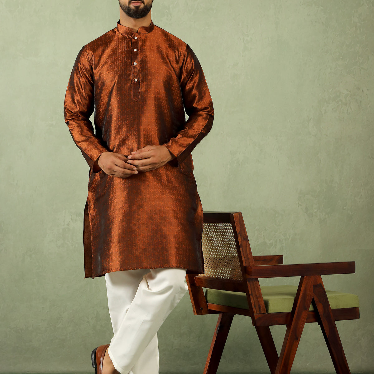 Men's Premium Jacquard Textured Straight Long Kurta with Trouser Set - Rust