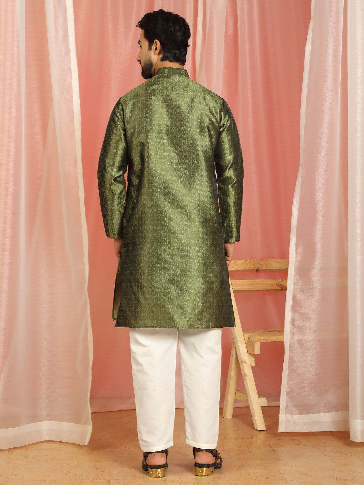 Men Jacquard Floral Mandarin Collor Long Kurta - Olive Green