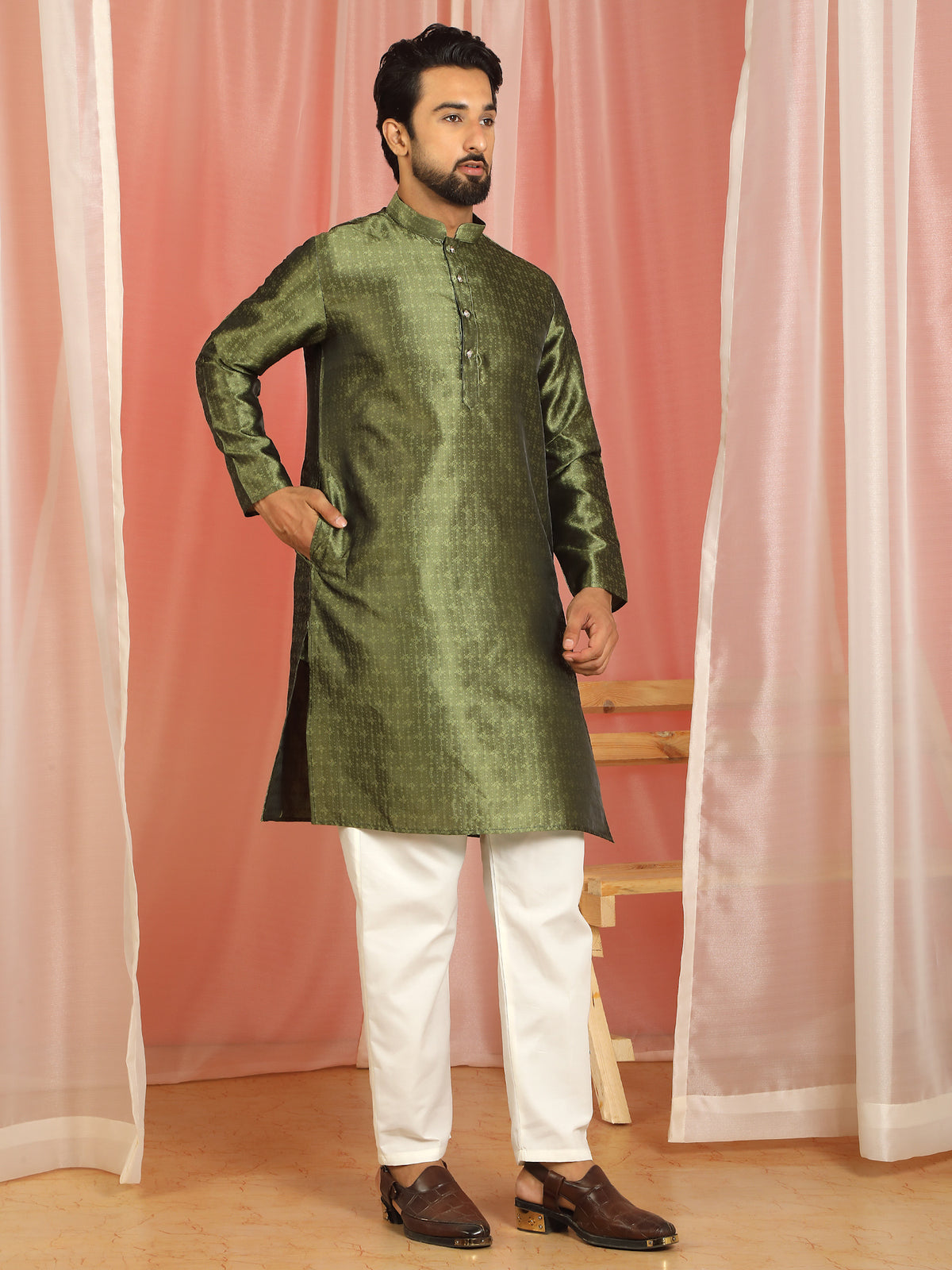Men Jacquard Floral Mandarin Collor Long Kurta - Olive Green