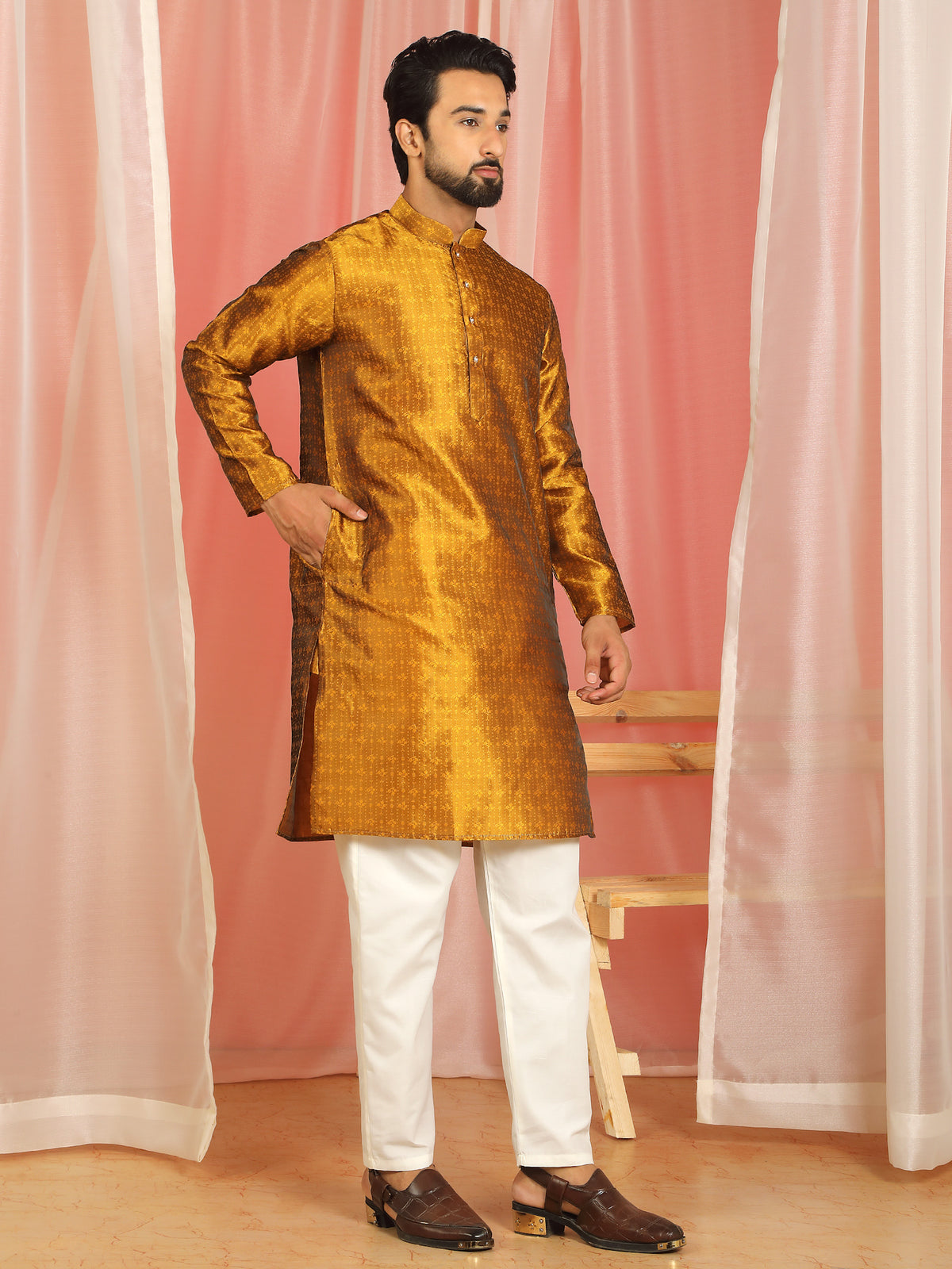 Men Jacquard Floral Mandarin Collor Long Kurta - Mustard