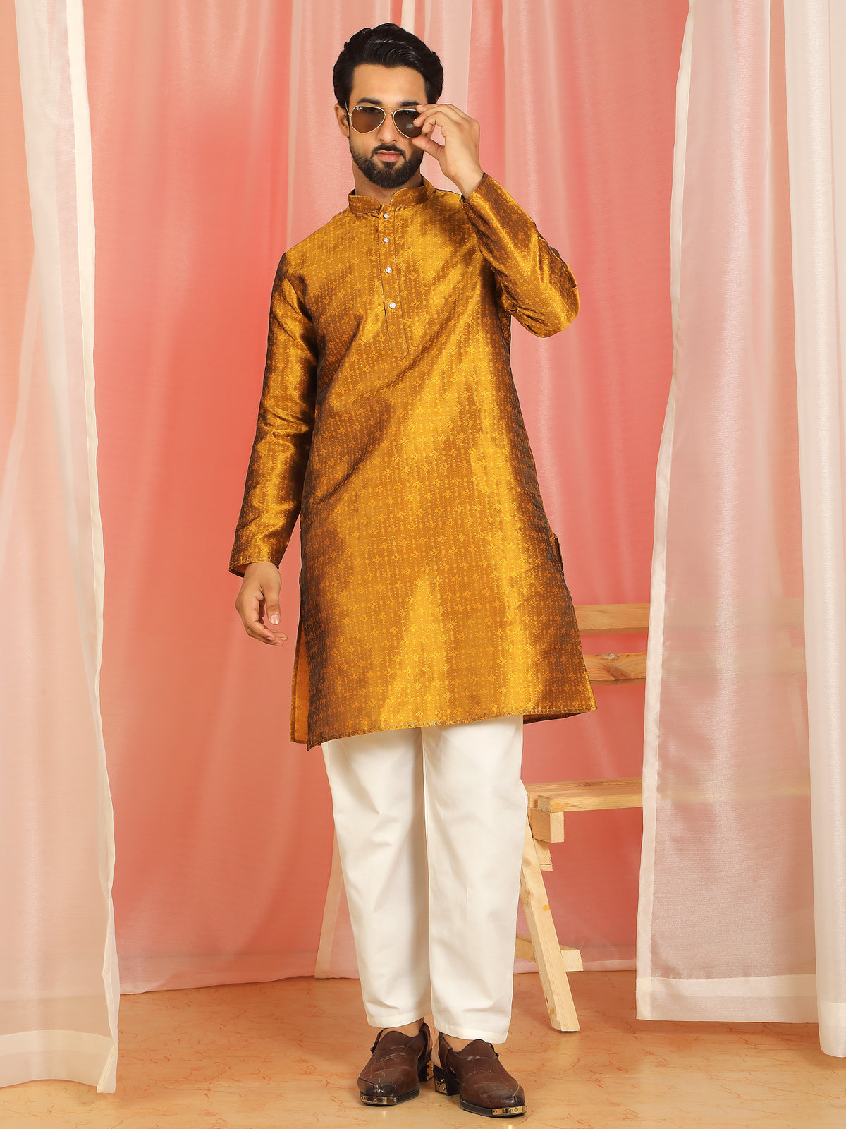 Men Jacquard Floral Mandarin Collor Long Kurta - Mustard