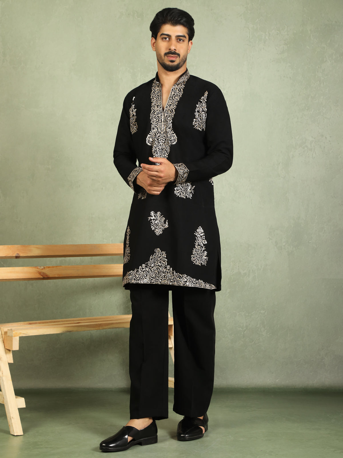 Luxe Men's Japanese Fabric Zari Embroidered Design with Sequinned V-Neck Kurta - Black