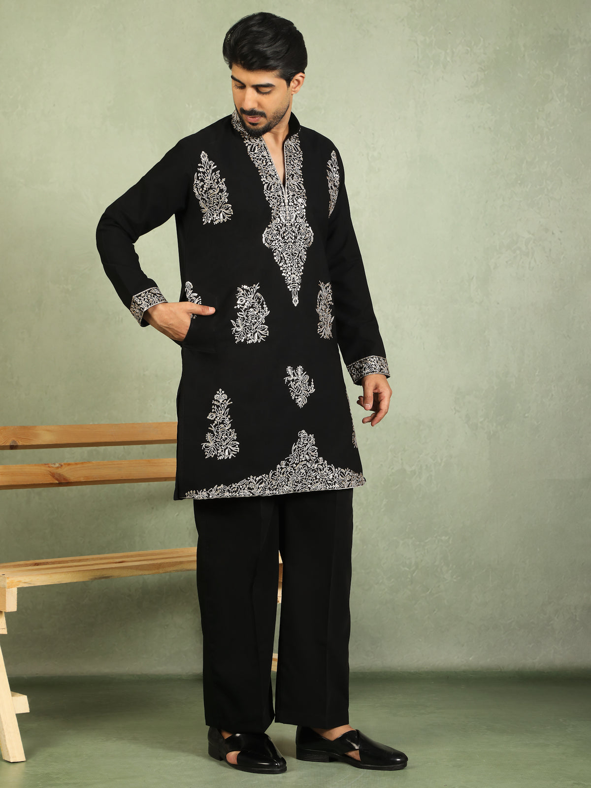 Luxe Men's Japanese Fabric Zari Embroidered Design with Sequinned V-Neck Kurta with Trouser Set - Black