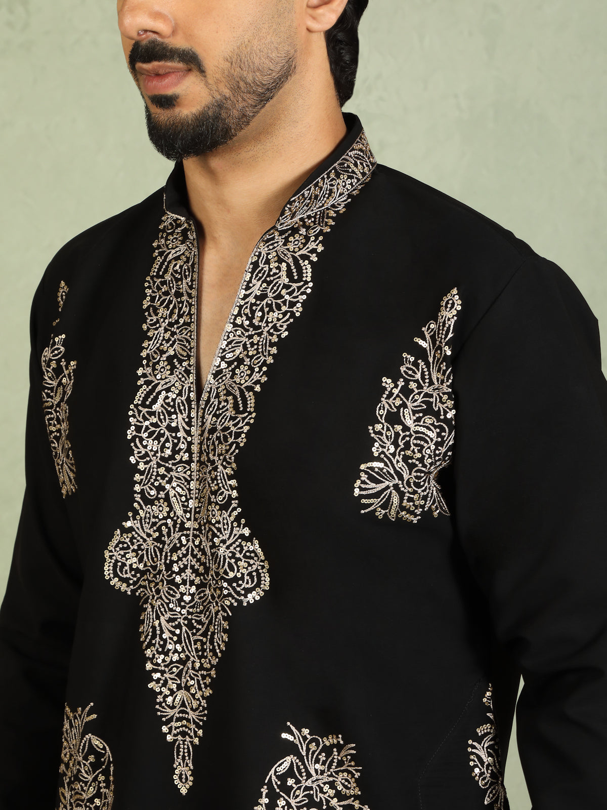 Luxe Men's Japanese Fabric Zari Embroidered Design with Sequinned V-Neck Kurta with Trouser Set - Black