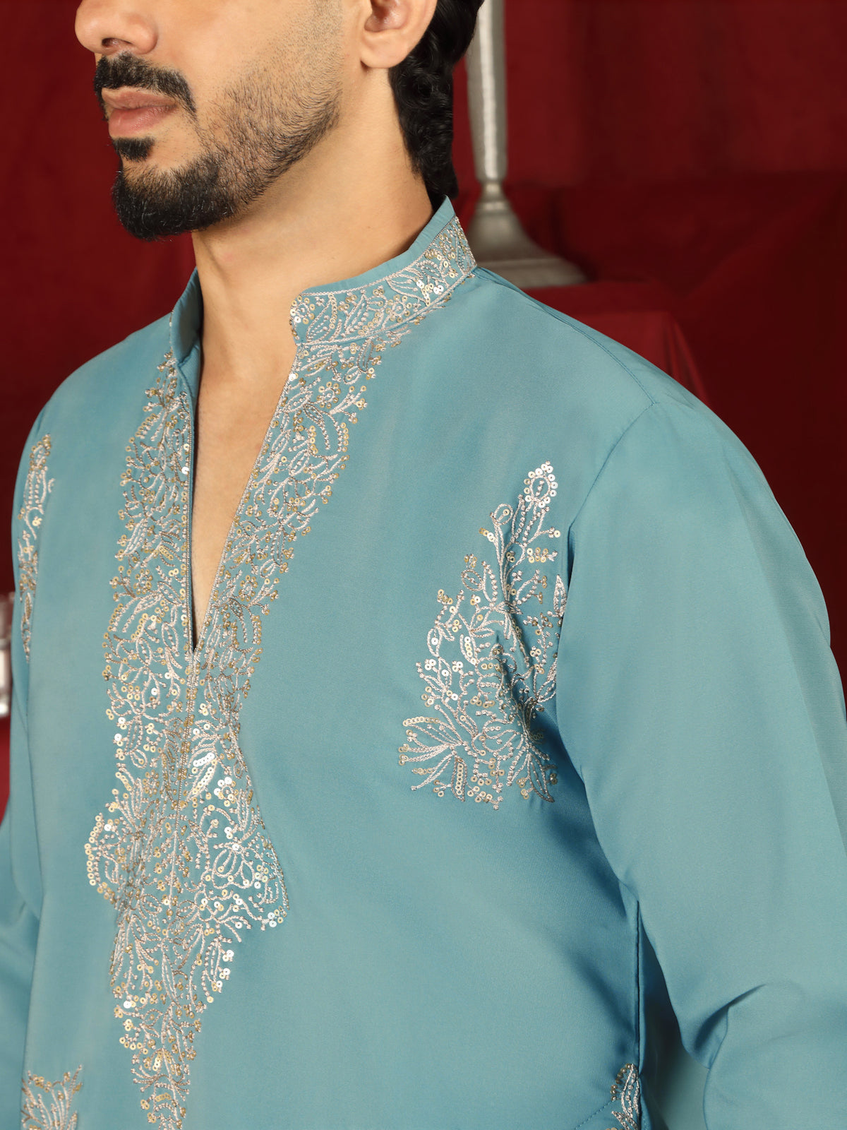Luxe Men's Japanese Fabric Zari Embroidered Design with Sequinned V-Neck Kurta with Trouser Set - Blue