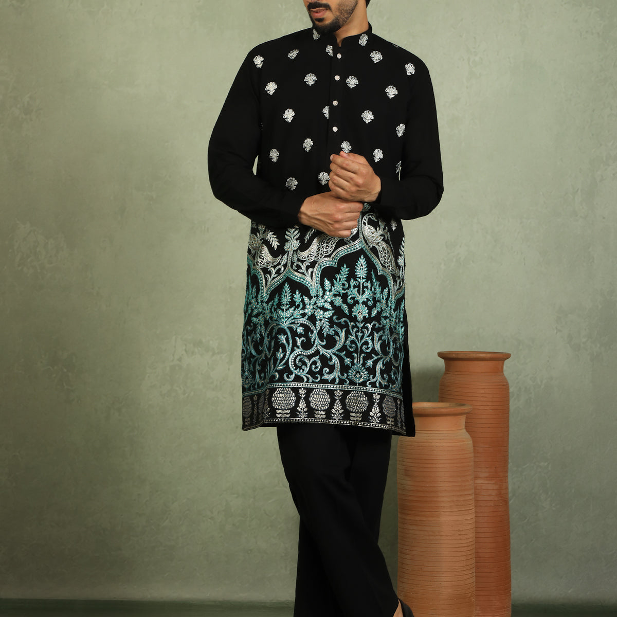Luxe Men's Japanese Fabric Ethnic Motifs with Zari Birds Embroidered Kurta with Trouser Set - Blue