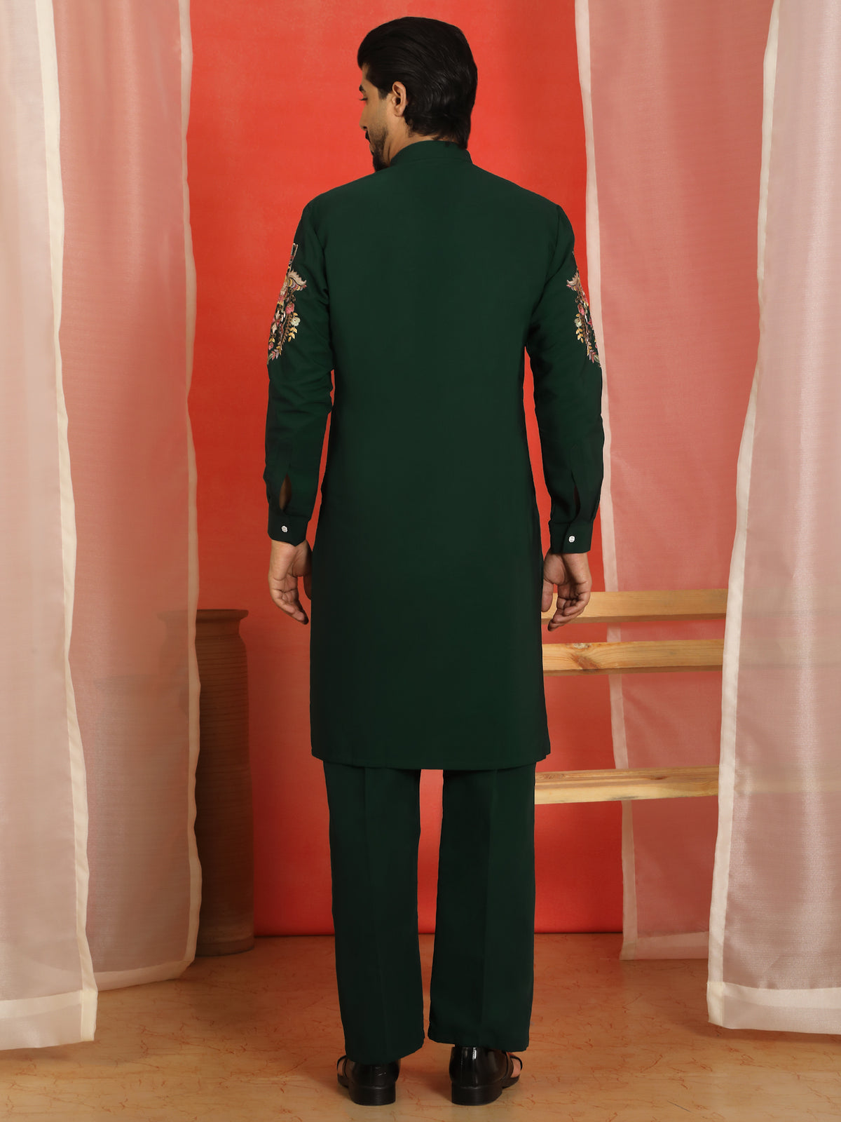 Luxe Men's Japanese Fabric Multi Floral Embroidered with Sequin Work Kurta - Green