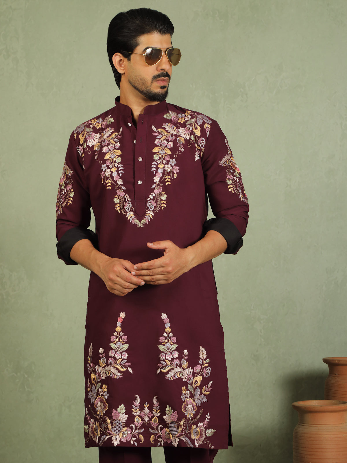 Luxe Men's Japanese Fabric Multi Floral Embroidered with Sequin Work Kurta - Mehndi