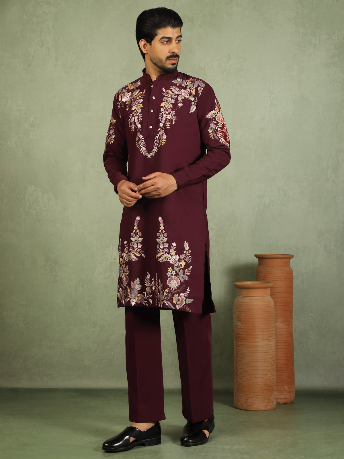 Luxe Men's Japanese Fabric Multi Floral Embroidered with Sequin Work Kurta - Mehndi