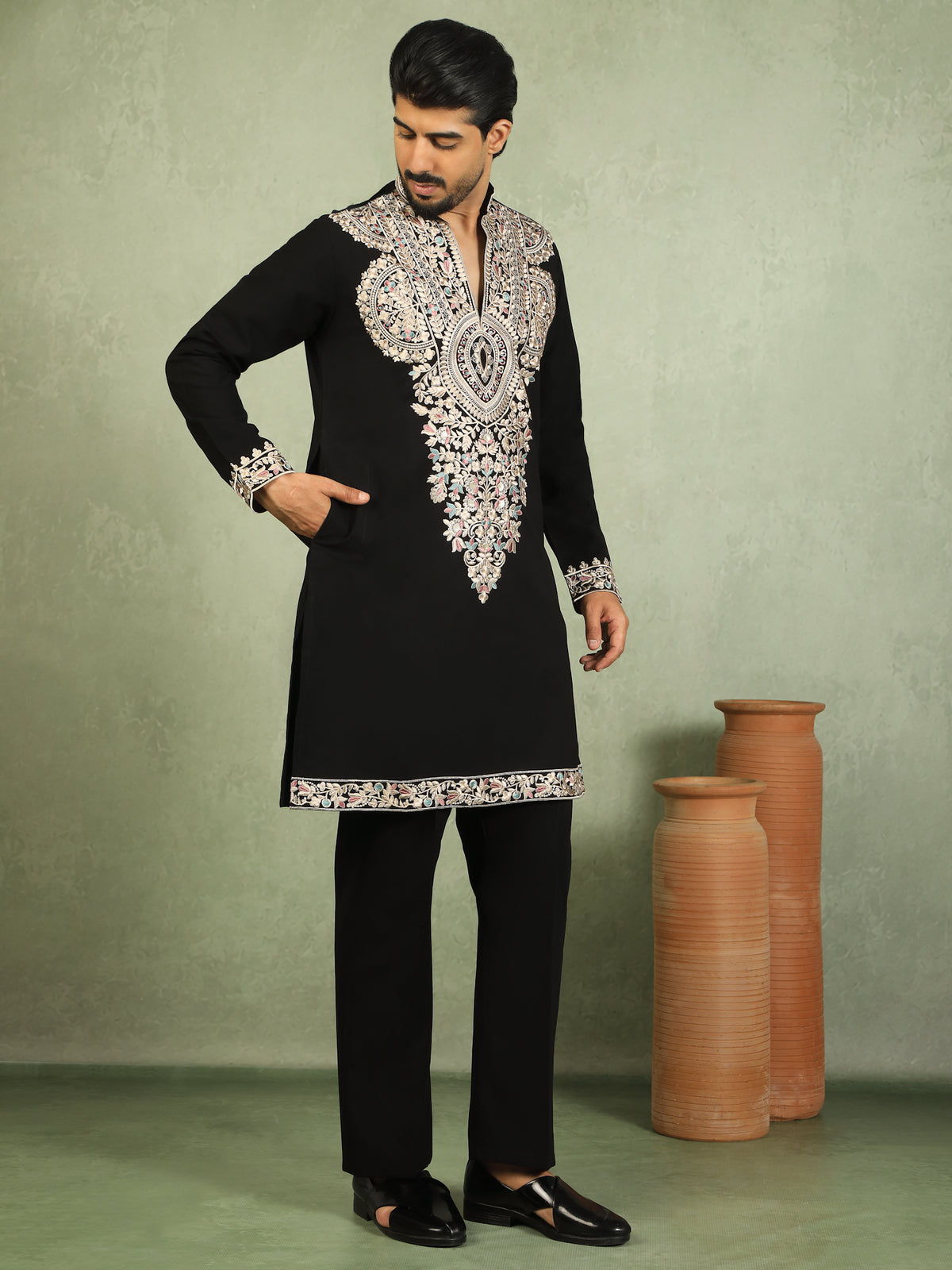 Luxe Men's Japanese Fabric Heavy Yoke Multi Embroidered V-Neck Kurta - Black