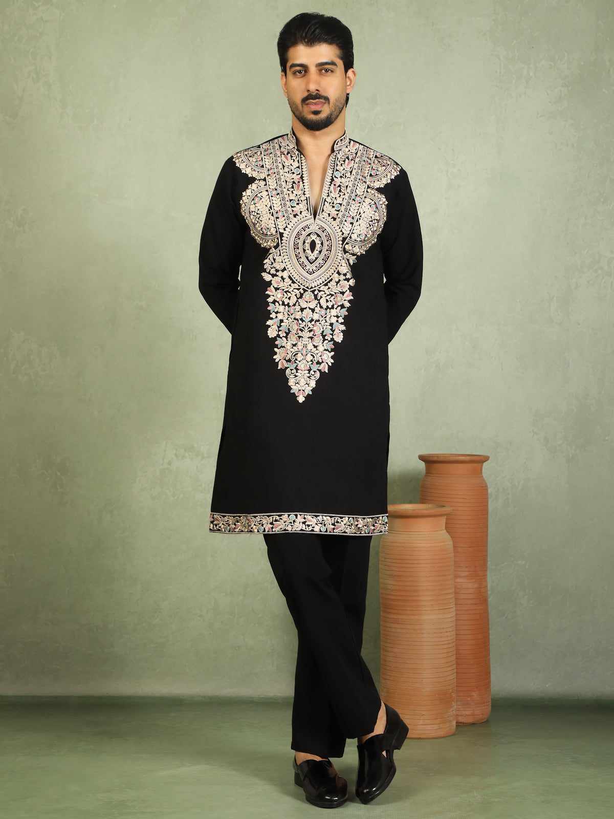 Luxe Men's Japanese Fabric Heavy Yoke Multi Embroidered V-Neck Kurta with Trouser Set - Black