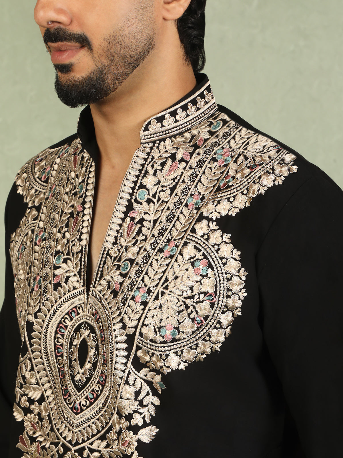 Luxe Men's Japanese Fabric Heavy Yoke Multi Embroidered V-Neck Kurta with Trouser Set - Black