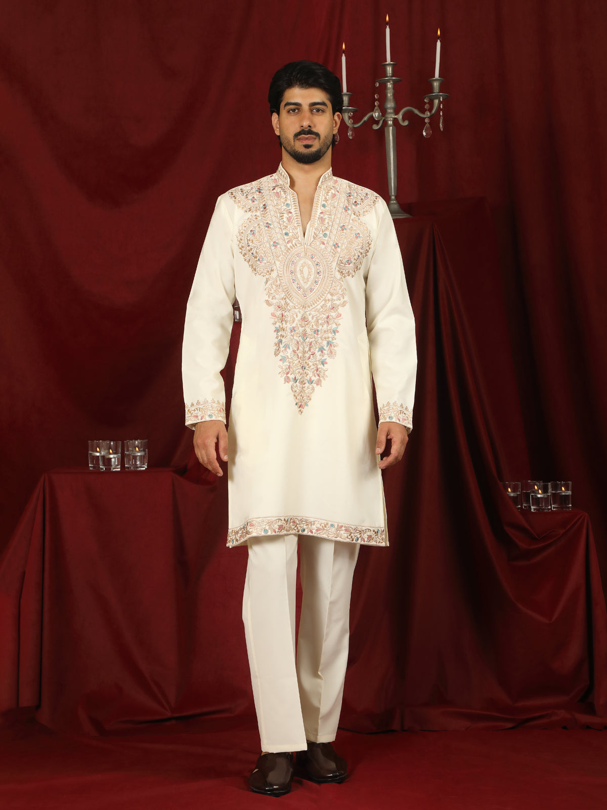 Luxe Men's Japanese Fabric Heavy Yoke Multi Embroidered V-Neck Kurta - Cream
