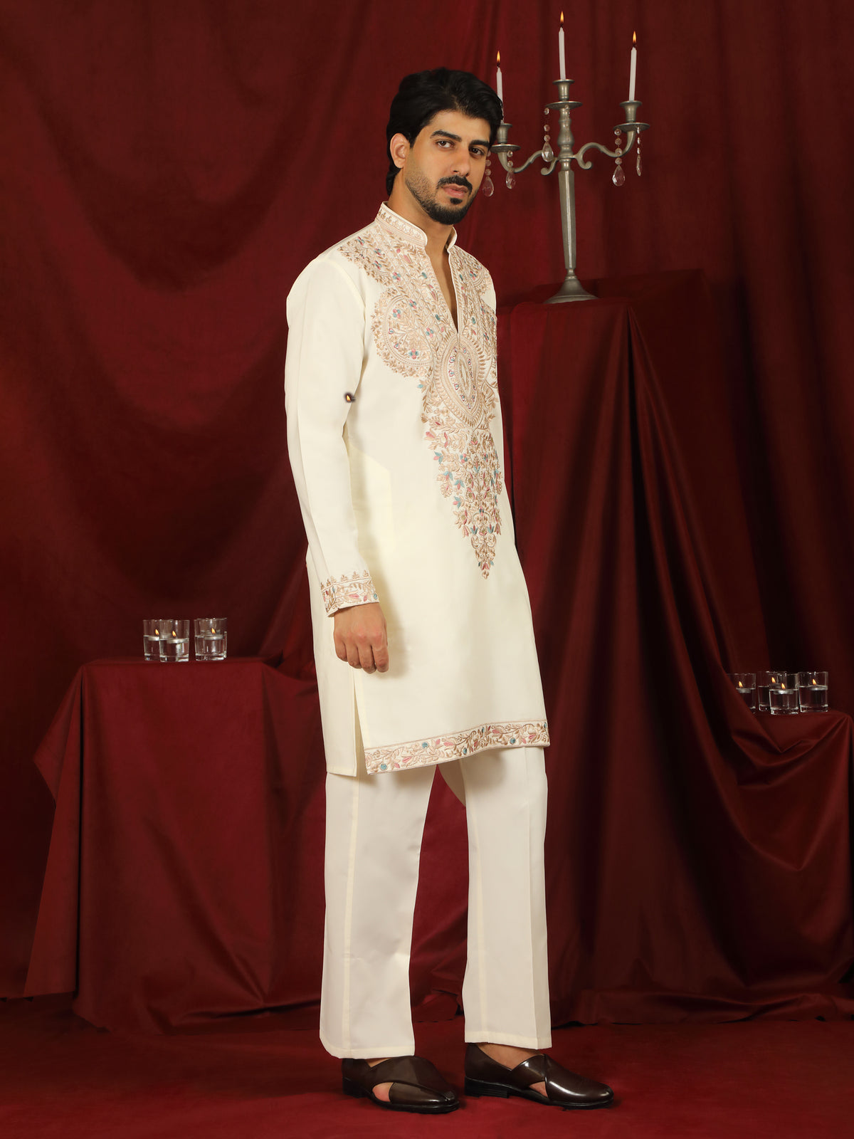 Luxe Men's Japanese Fabric Heavy Yoke Multi Embroidered V-Neck Kurta with Trouser Set - Cream