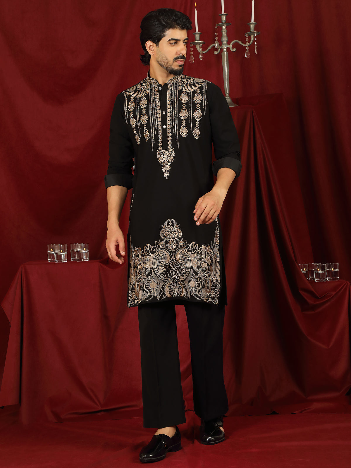 Luxe Men's Japanese Ethnic Motifs Heavy Embroidered with Sequin Work Kurta - Black
