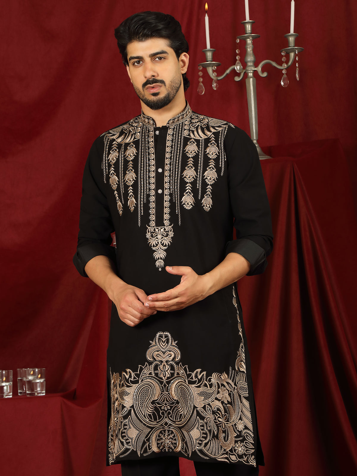 Luxe Men's Japanese Ethnic Motifs Heavy Embroidered with Sequin Work Kurta with Trouser Set - Black