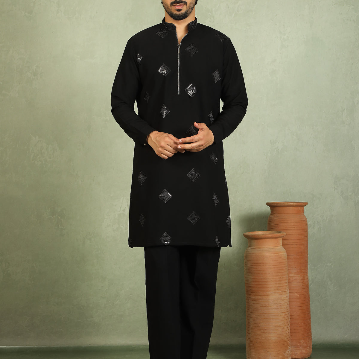 Luxe Men's Japanese Geometric Embroidered with Sequins & Zip Closure Kurta with Trouser Set - Black
