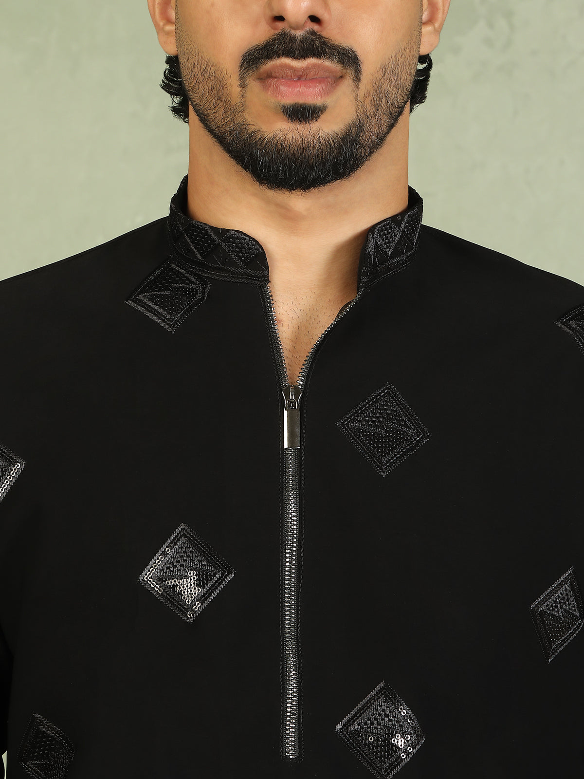 Luxe Men's Japanese Geometric Embroidered with Sequins & Zip Closure Kurta with Trouser Set - Black